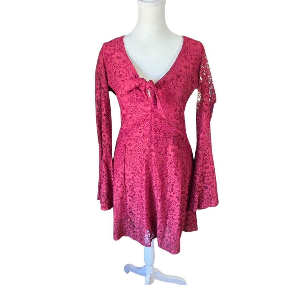 Beyond the Radar Burgundy Lace Skater Dress Bell Sleeve Whimsigoth Size L
